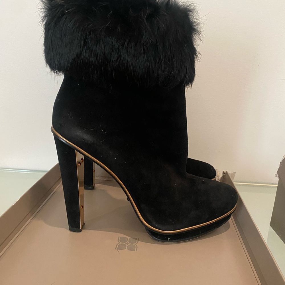 BCBG Black Fur-Trimmed and Gold Boots